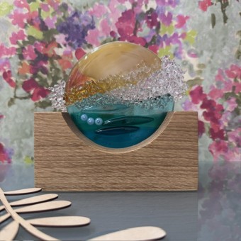 Fused glass Seascape Wave on oak - Made in Scotland